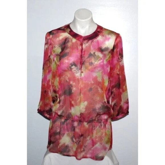 Chico’s Size 2 Sheer Tunic Blouse Pink Multicolor Abstract Print - Picture 1 of 4